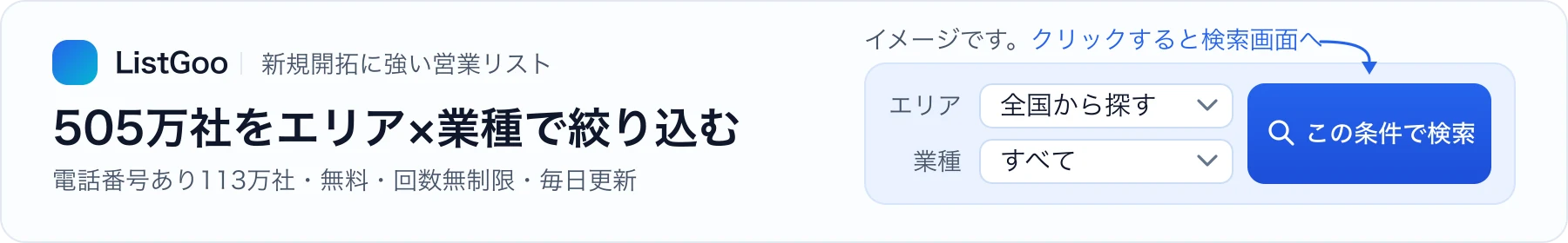 505万社をエリア×業種で絞り込む。電話番号あり113万社。無料・回数無制限・毎日更新